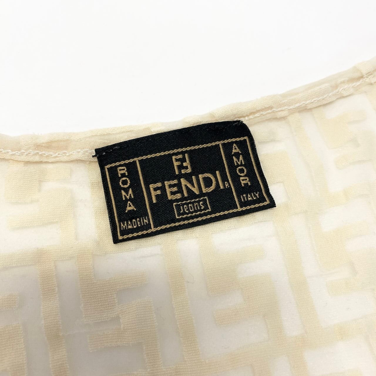 e8 FENDI 半袖シースルーカットソー ズッカ柄 トップス イタリア製 40サイズ アイボリー レディース 女性用ta1
