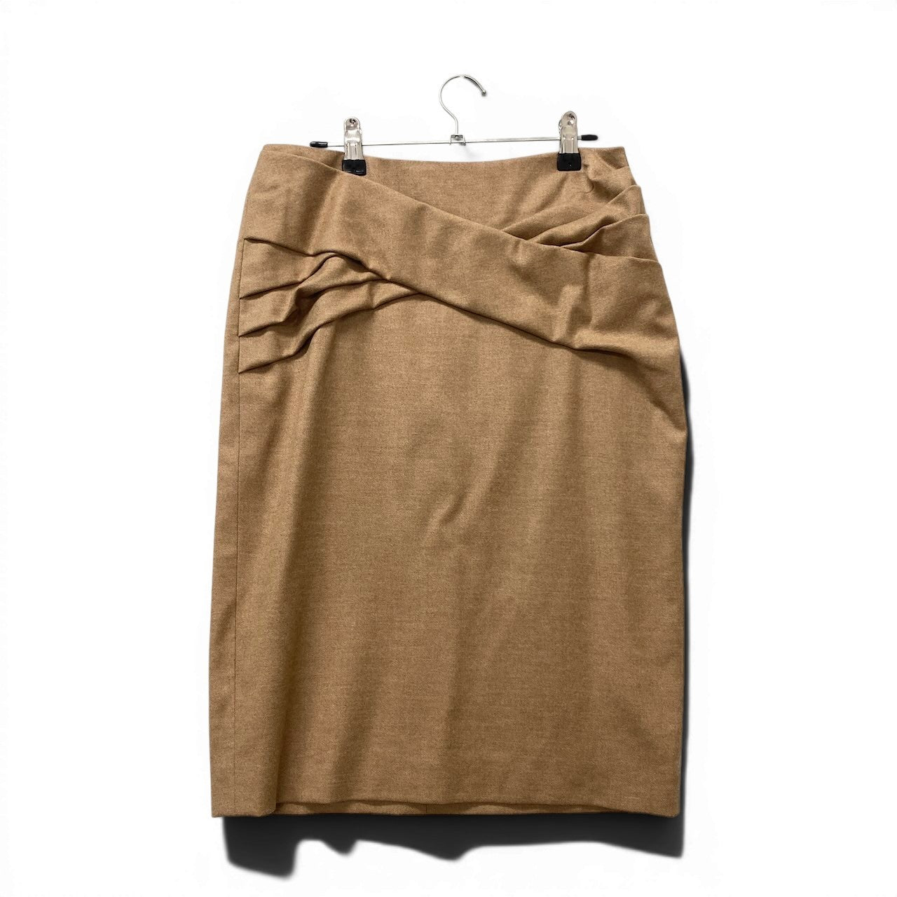 82f16 ESCADA エスカーダ セットアップスカート フォーマルスーツ フリルジャケット 膝丈スカート カシミヤ混 サイズ36 ベージュ レディース 女性用u02t