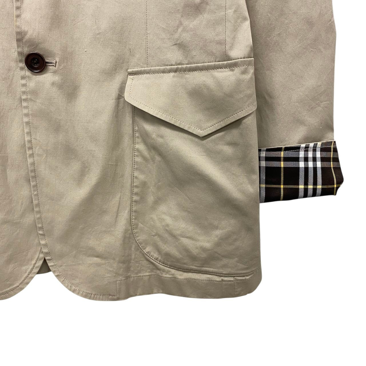 77e18 BURBERRY バーバリー テーラードジャケット ブレザー 背抜き 裏地チェック柄 Lサイズ ベージュ コットン メンズo07t