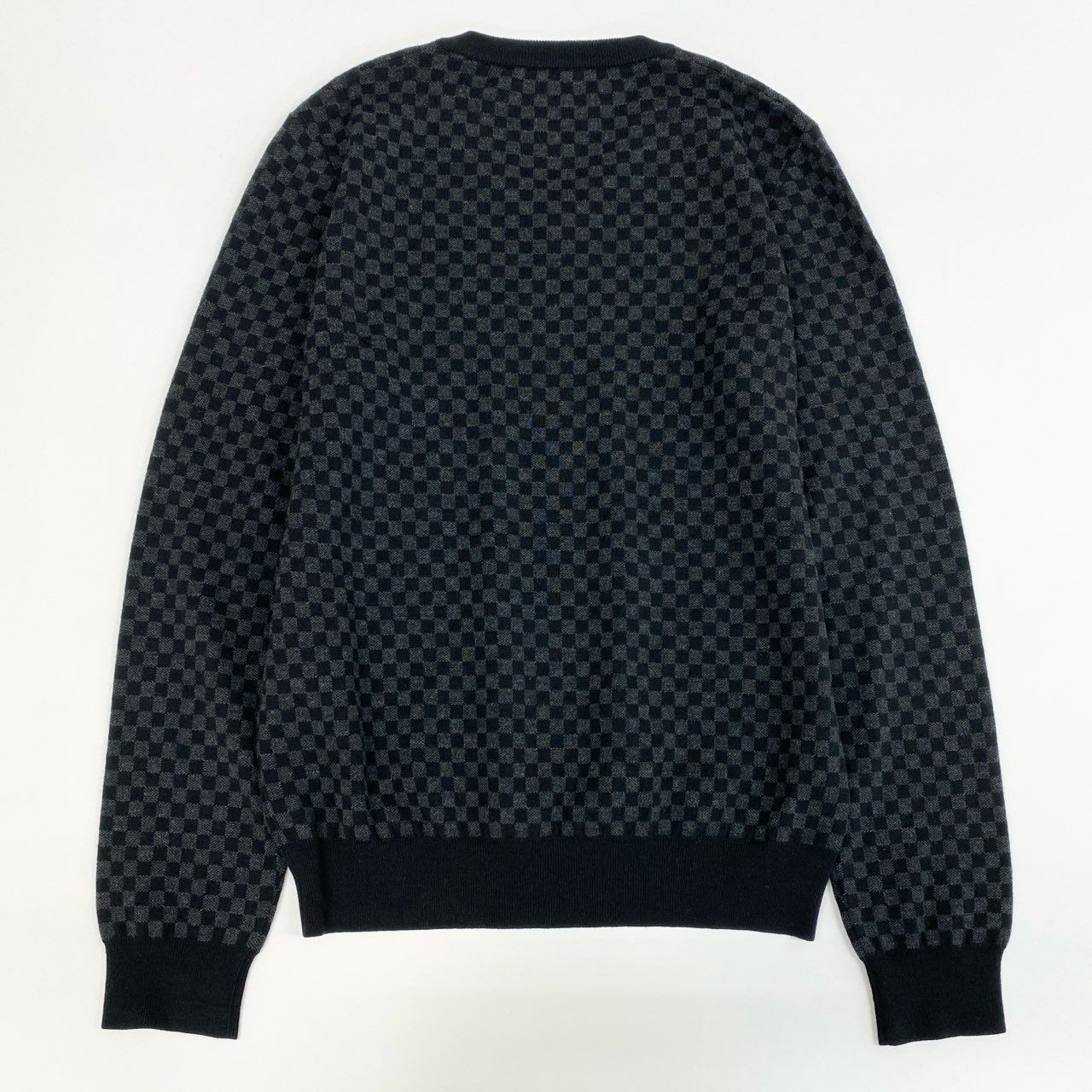 46j3 LOUIS VUITTON ルイヴィトン ダミエ Vネック プルオーバー ニット セーター イタリア製 チェック柄 MRKN11M22 XSサイズ ブラック グレー ウール メンズo07t