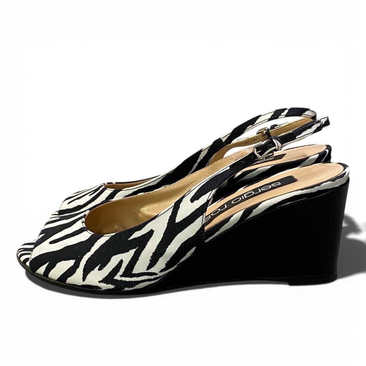1k26 sergio rossi セルジオロッシ ウェッジソール ストラップサンダル オープントゥ ゼブラ柄 レディース 女性靴 イタリア製 37 ブラック ホワイトu02t