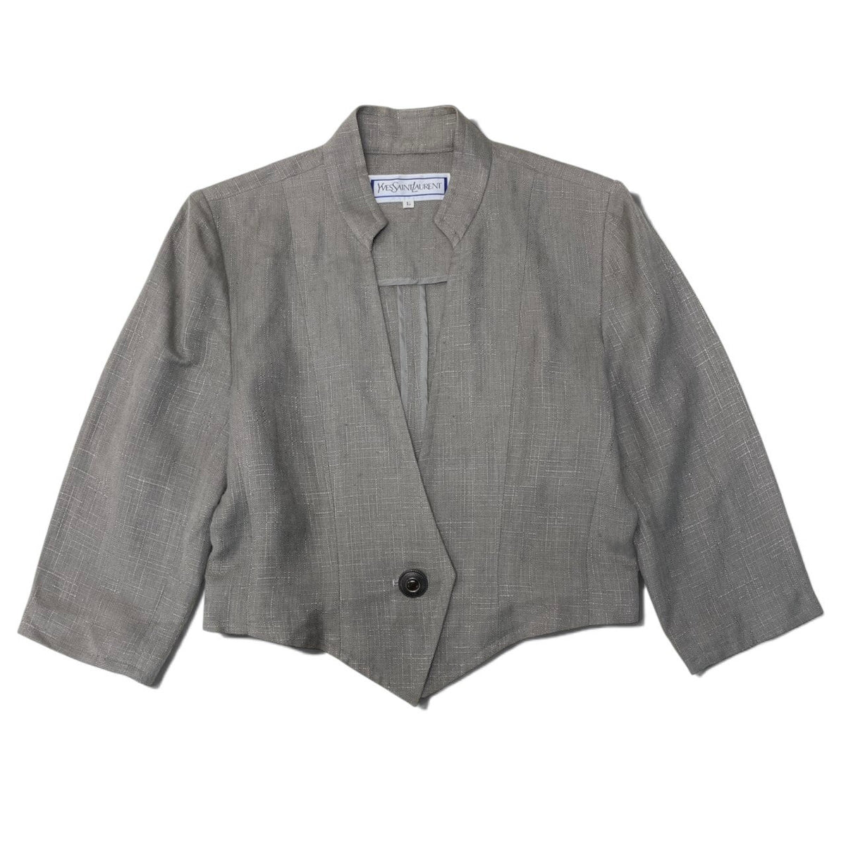 86i15 YVES SAINT LAURENT イヴサンローラン テーラードジャケット スタンドカラージャケット リネン混 サイズL グレー レディースo07t