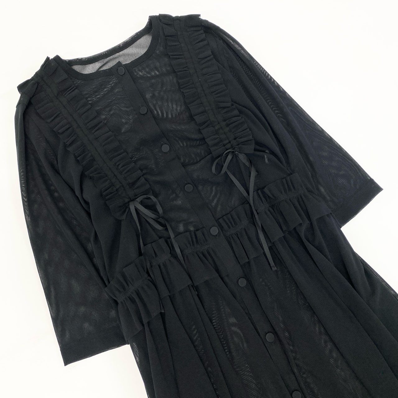 67k20《美品》 TOKUKO 1er VOL トクコプルミエヴォル シアー ロングワンピース 7分袖 フリル装飾 レディース 女性用 9 ブラックu02t