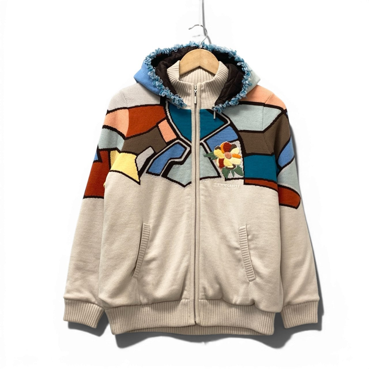19b13 LEONARD SPORT レオナール スポーツ ジップアップニットフーディー ジャケット 花柄刺繍 フード取り外し可 0527752 42サイズ マルチカラー ウール100％ レディース 女性用u02t