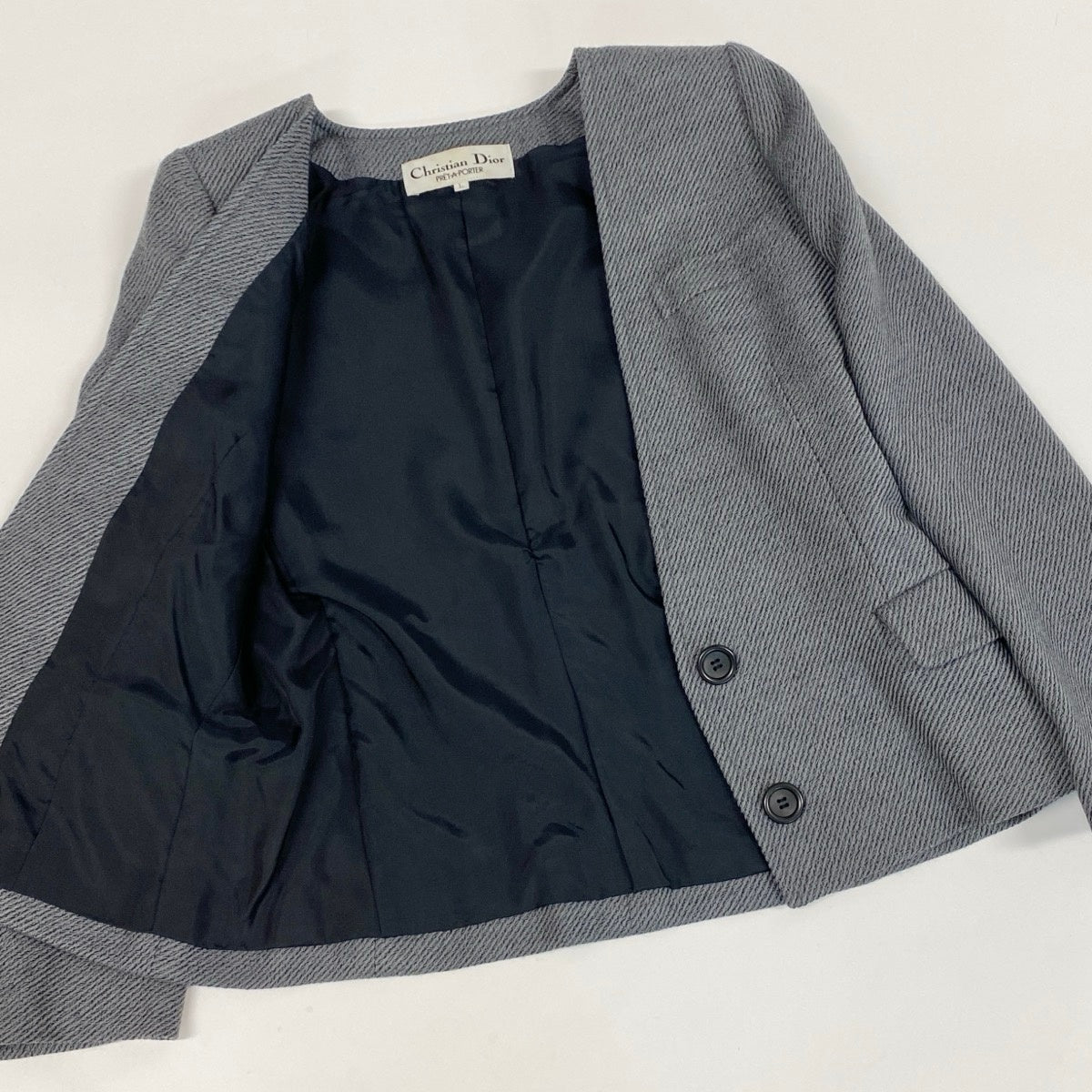 13e3 Christian Dior クリスチャンディオール ノーカラージャケット ウールジャケット サイズL グレー レディース 女性服u02t