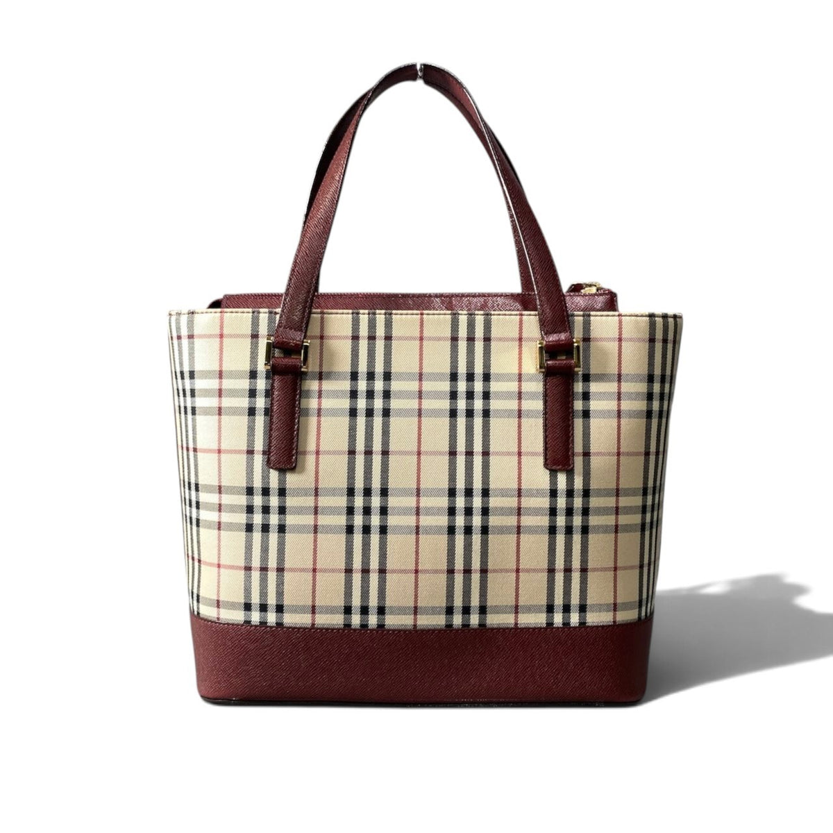h13【美品】BURBERRY ハンドバッグ ノバチェック  ベージュ ボルドー キャンバス レザー レディース 女性用k02i