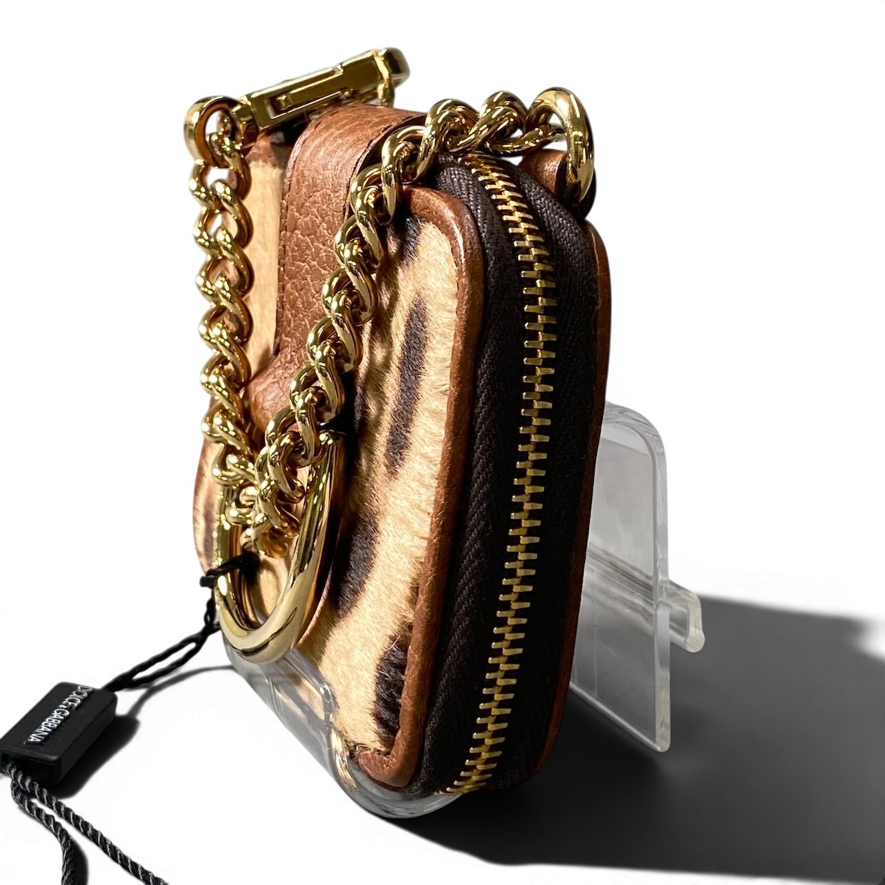 f10 【未使用タグ付】 DOLCE&GABBANA ドルチェアンドガッバーナ レオパード柄 ハラコチャーム 小物ケース ミラー付 ブラウン ベージュ ゴールド レディース 女性用