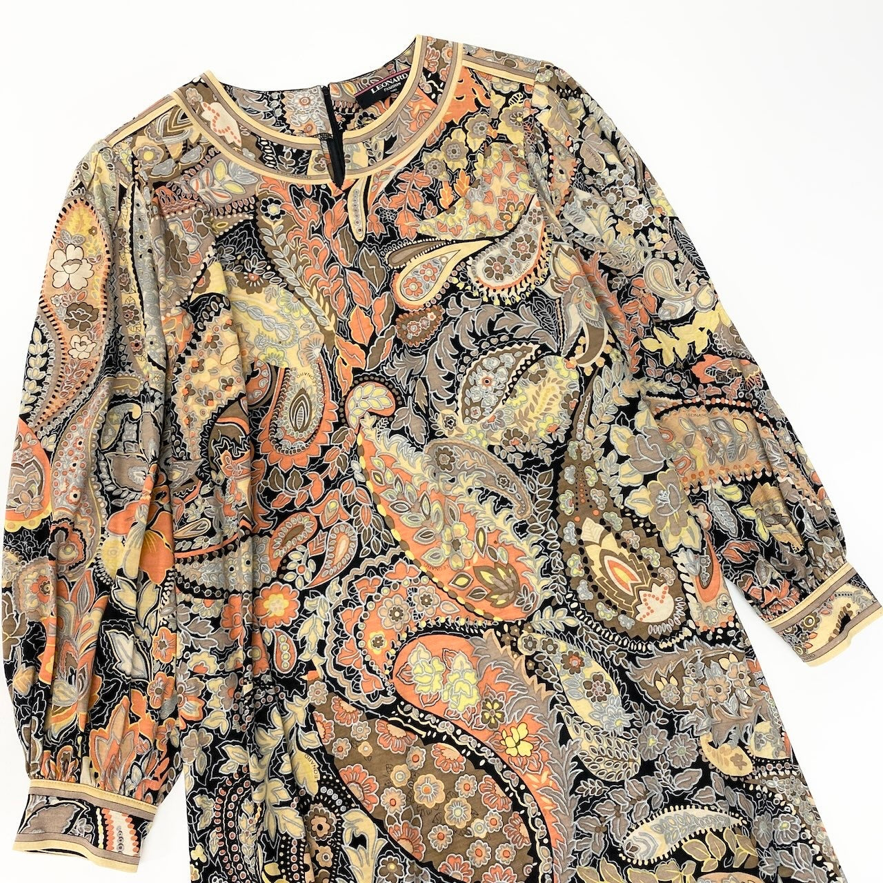 5d13 LEONARD FASHION レオナール ロングスリーブワンピース ペイズリー柄 花柄プリント サイズL マルチカラー ウールシルク レディース 女性用o07t