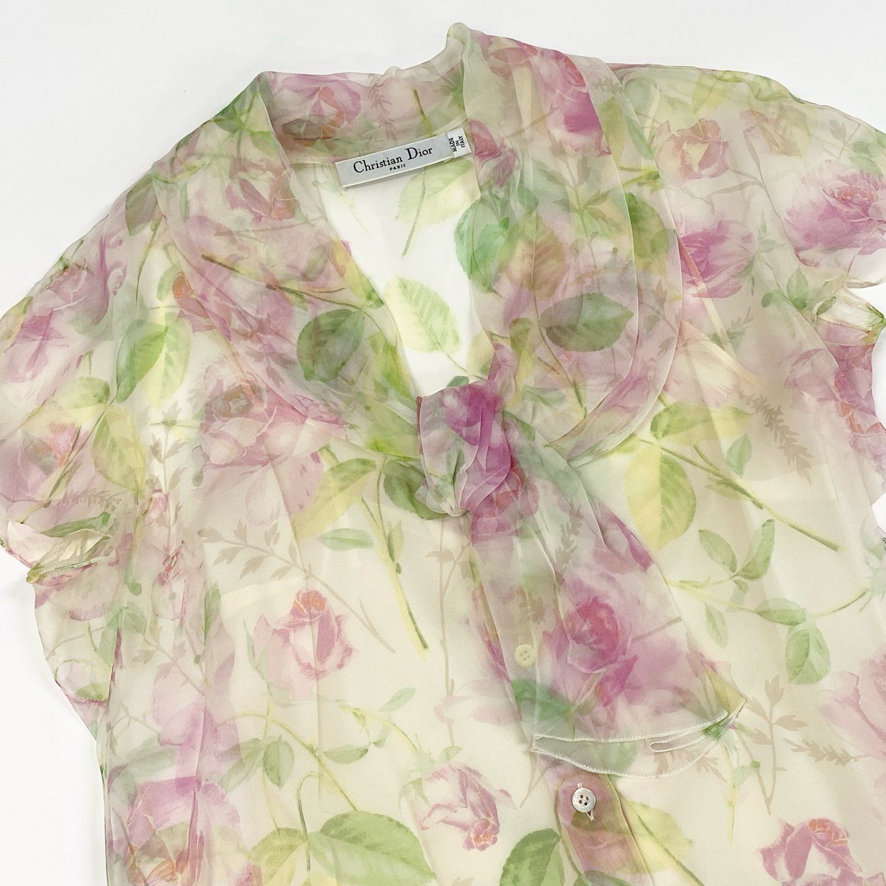 Ed9 Christian Dior クリスチャンディオール シアー素材 花柄シルクブラウス 半袖ブラウス サイズ40 マルチカラー レディースta1