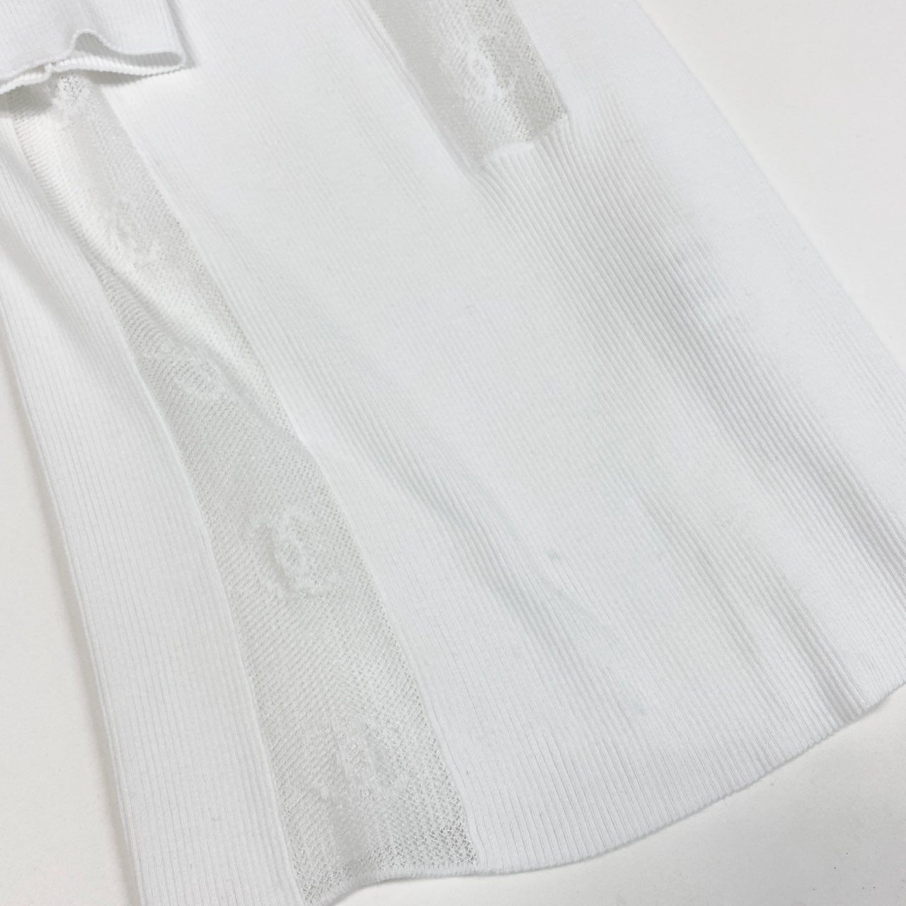 Cb19 CHANEL シャネル P20589 2003年 ジャガード ココマークロゴ リブニット 半袖タイトニット サイズ34 ホワイト レディース トップスta1