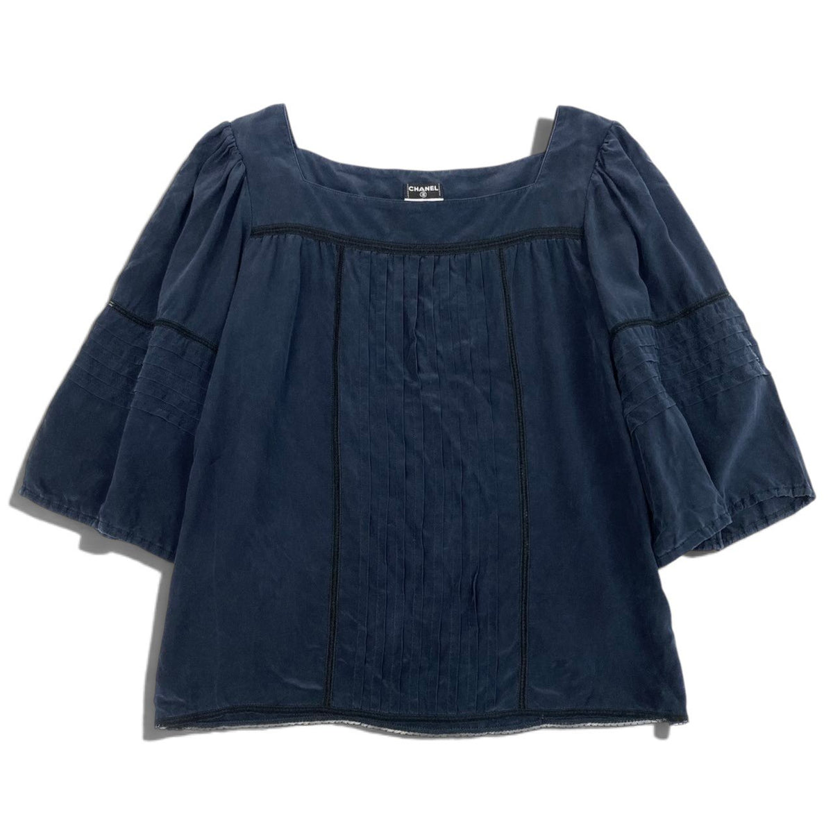 i21 CHANEL 2007年 シルクブラウス スクエアネック パフスリーブ 42サイズ ネイビー シルク100％ レディース 女性用u02t