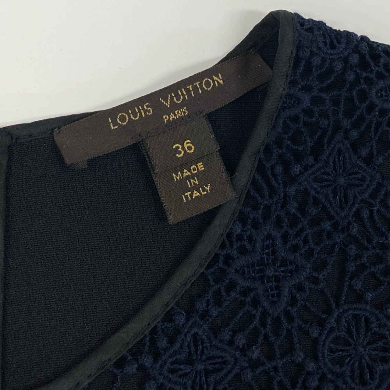 Eb19 LOUIS VUITTON ルイヴィトン モノグラム レースカットソー ショートスリーブ トップス 総柄 切替デザイン レディース Monogram Lace Top サイズ36 ネイビー ブラックt18r