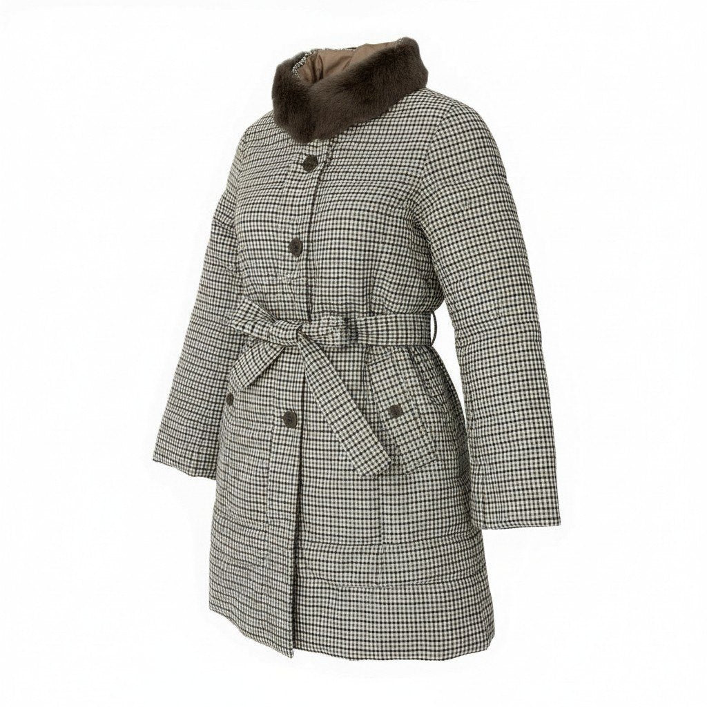 42a27 Aquascutum LONDON アクアスキュータム リバーシブル ダウンコート 2way レッキスラビットファー チェック柄 レディース サイズ8 ベージュo07t