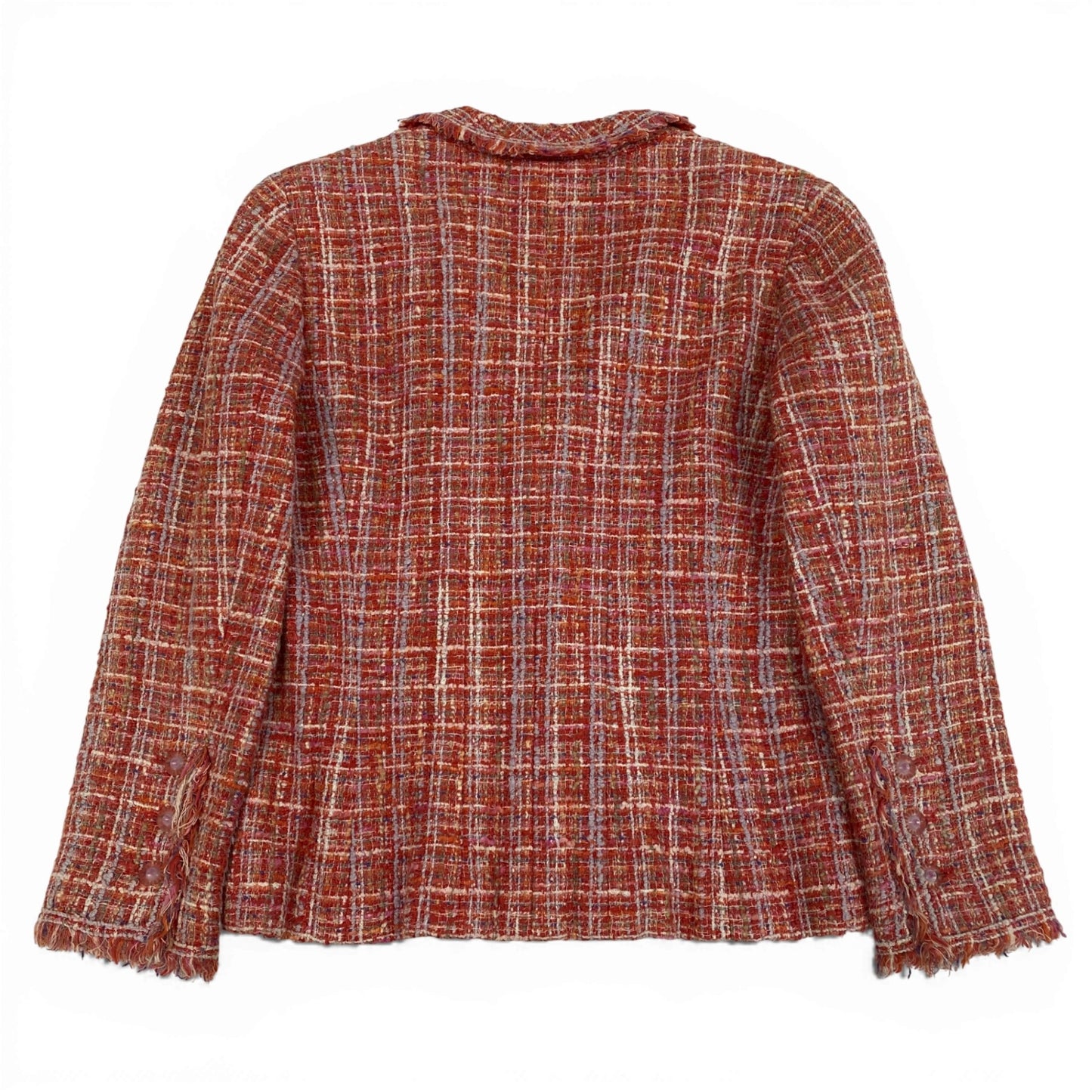 60a14 CHANEL シャネル 2004年 P22966 ココマーククリアボタン 短丈 ショートツイードジャケット サイズ34 レッド系 ミックスツイード レディース 女性用ta1