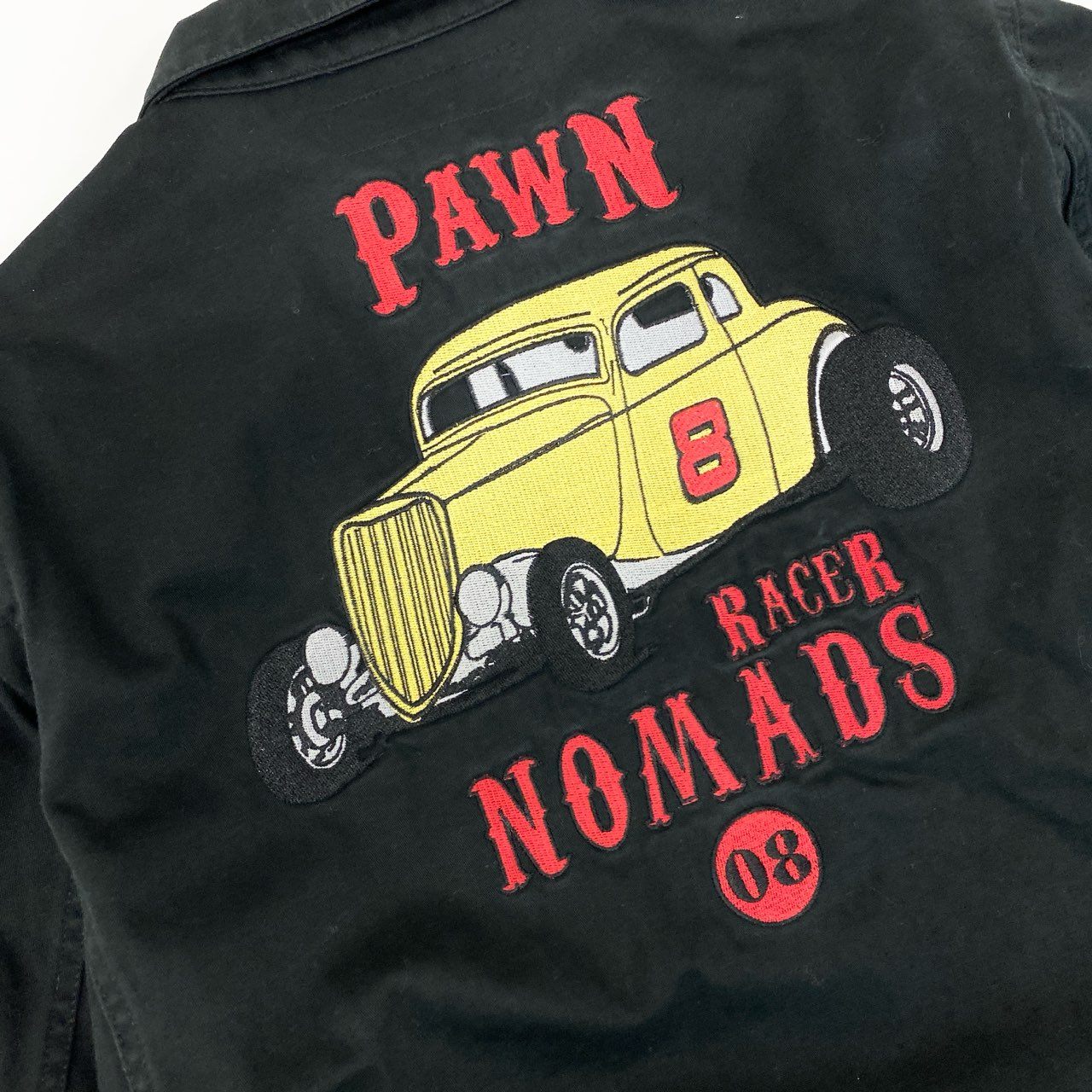 14j10 PAWN NOMADS パウン シャツジャケット カバーオール ワークジャケット ワッペン Lサイズ ブラック メンズo07t