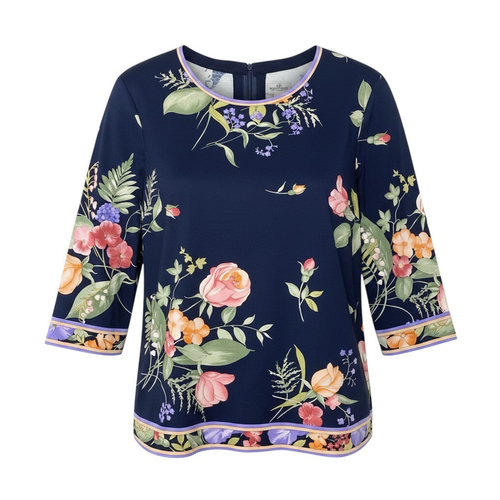 49g17 【美品】 LEONARD FASHION ロングスリーブ カットソー 美しい花柄プリント サイズ42 ネイビー コットン100％ レディースu02t