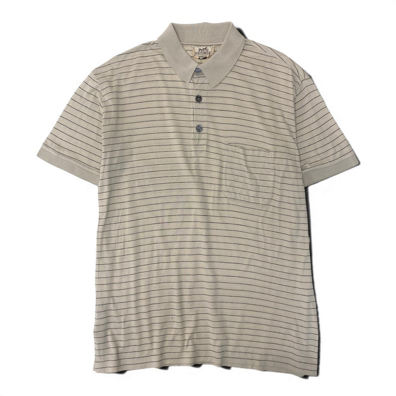 68g4 HERMES エルメス Hロゴ刺繡 半袖ポロシャツ ボーダー柄 サイズL ベージュ コットン100％ メンズ 紳士服o07t