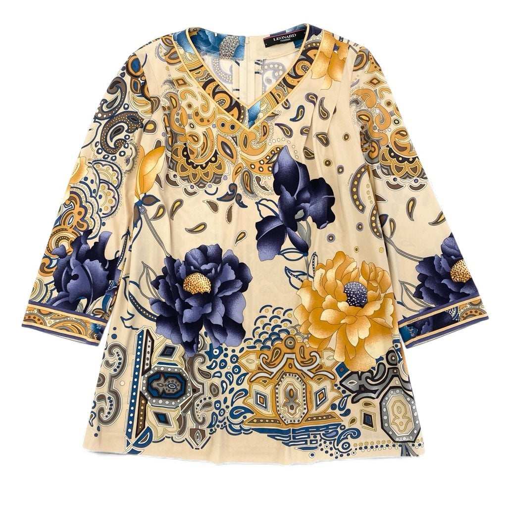 59L15 【美品】LEONARD レオナール チュニック ロングスリーブカットソー Vネック カンカン素材 総柄 トップス 40サイズ ベージュ系 レディースo07t