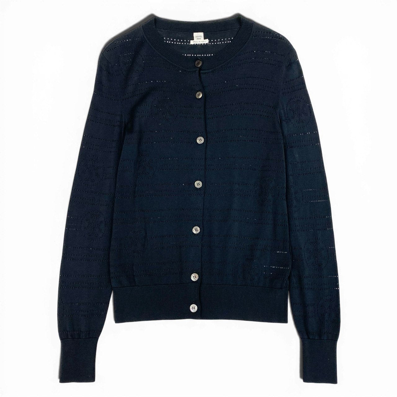 65a14【美品】 HERMES エルメス ニットカーディガン ロングスリーブ 総柄 ロゴ コットンブレンド〇 イタリア製 レディース 女性用 サイズ36 ブラックo07t