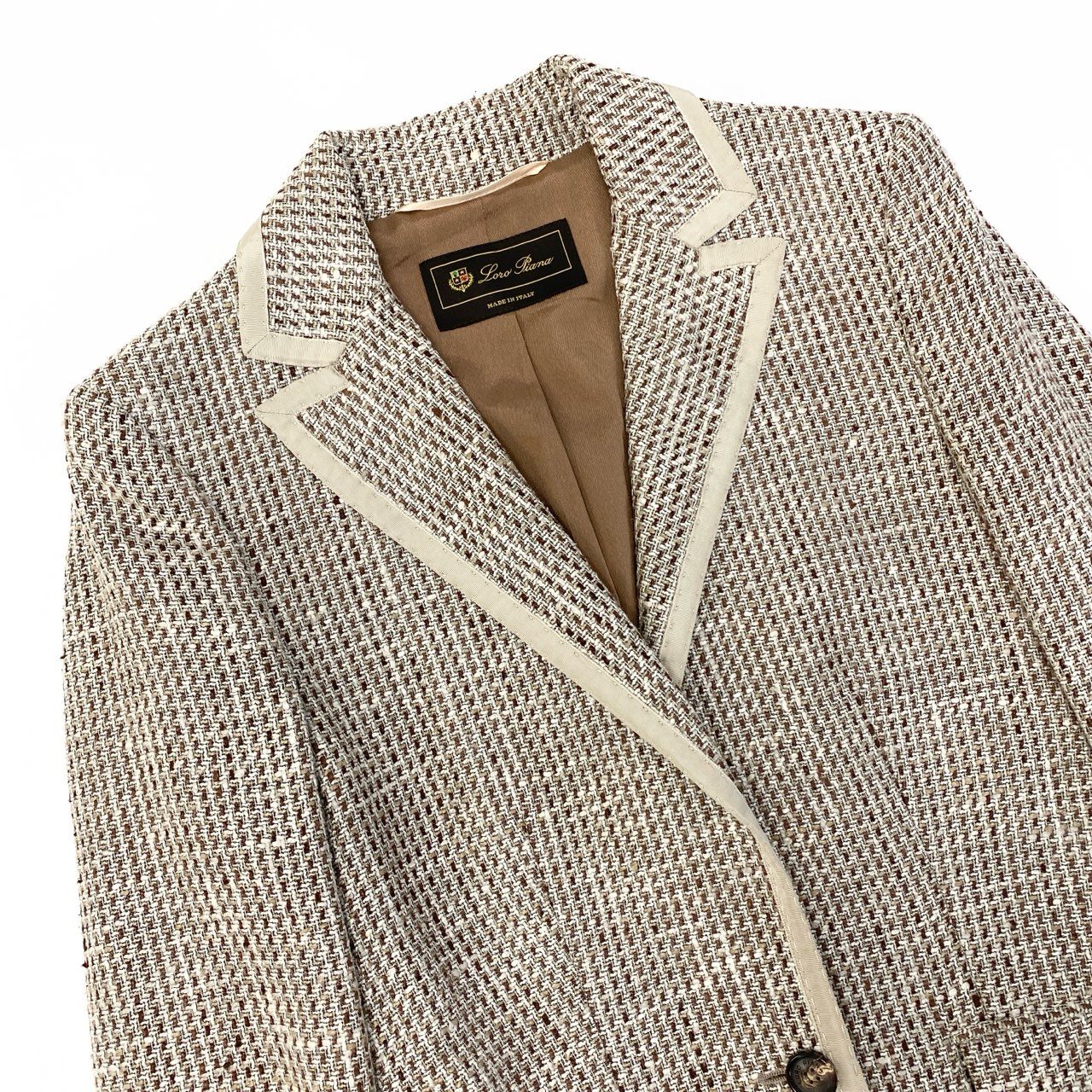 64a28 Loro Piana ロロピアーナ サマーツイードテーラードジャケット パイピング シルク混 イタリア製 38サイズ ベージュ系 レディース 女性用u02t
