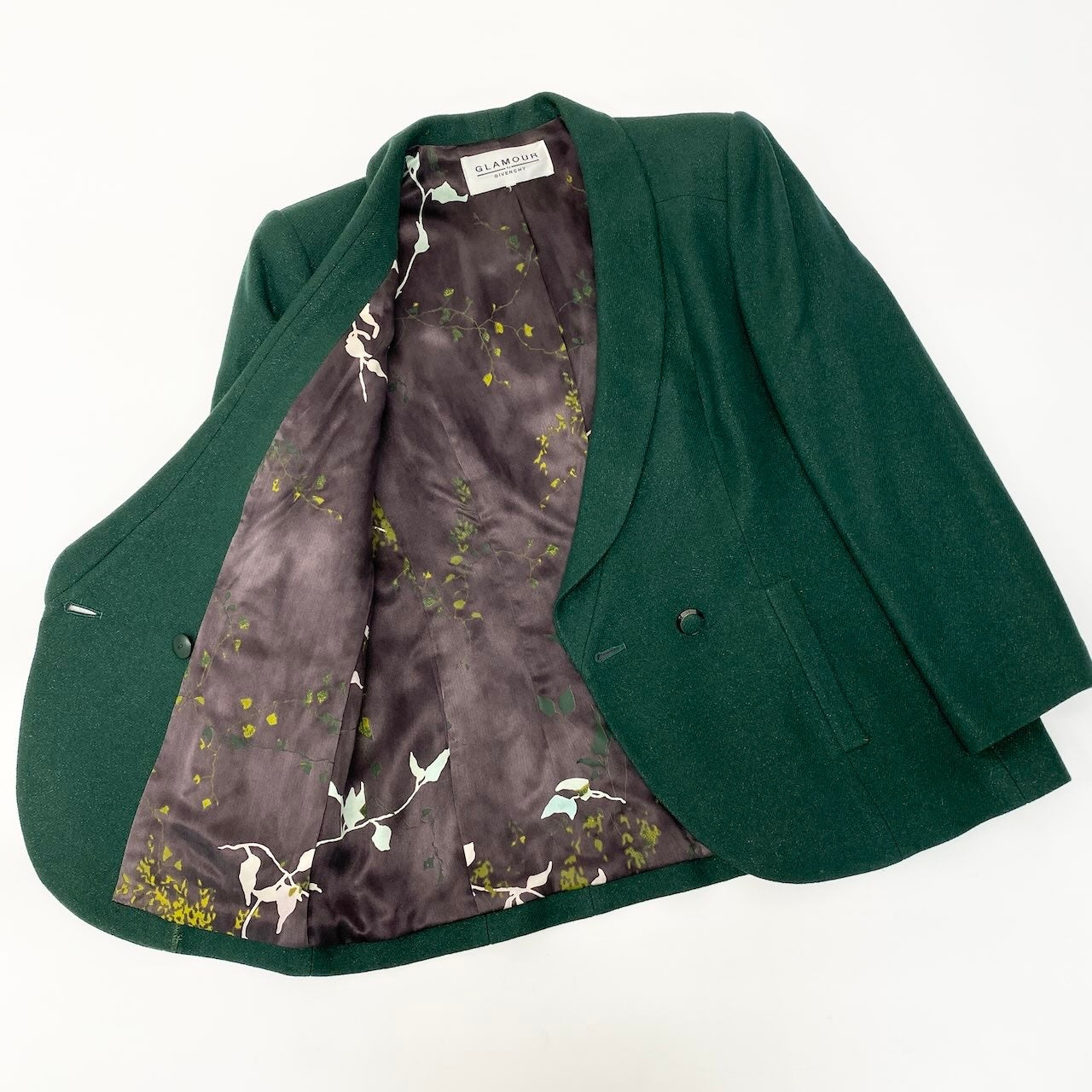 48c18【美品】 GLAMOUR by GIVENCHY ジバンシィ テーラードジャケット ウールジャケット 裏地総柄 レディース 女性服 サイズ42 グリーンu02t