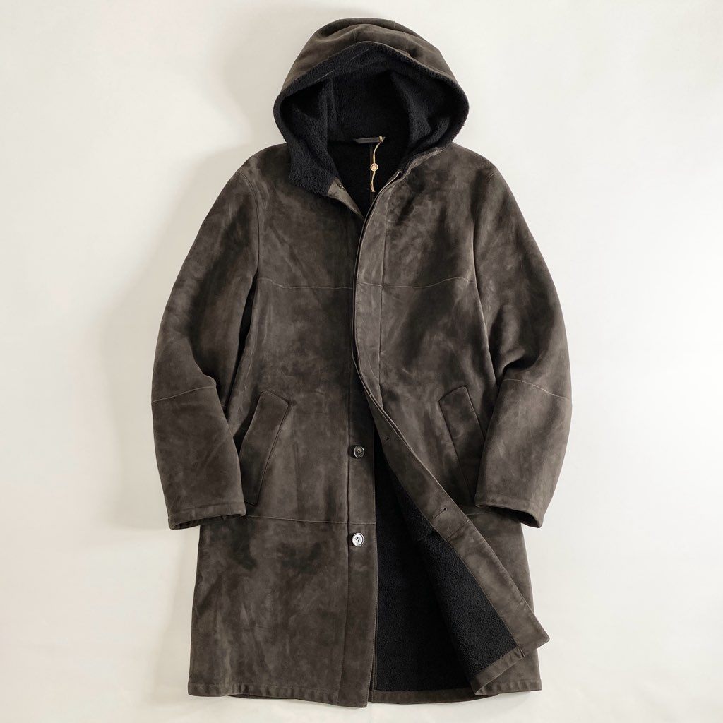 39i13 【イタリア製】Loro Piana ロロピアーナ 最高級 シャーリングコート ムートンコート フーデッドコート SANFORD HOODED COATブラウン M 羊革 メンズ アウター