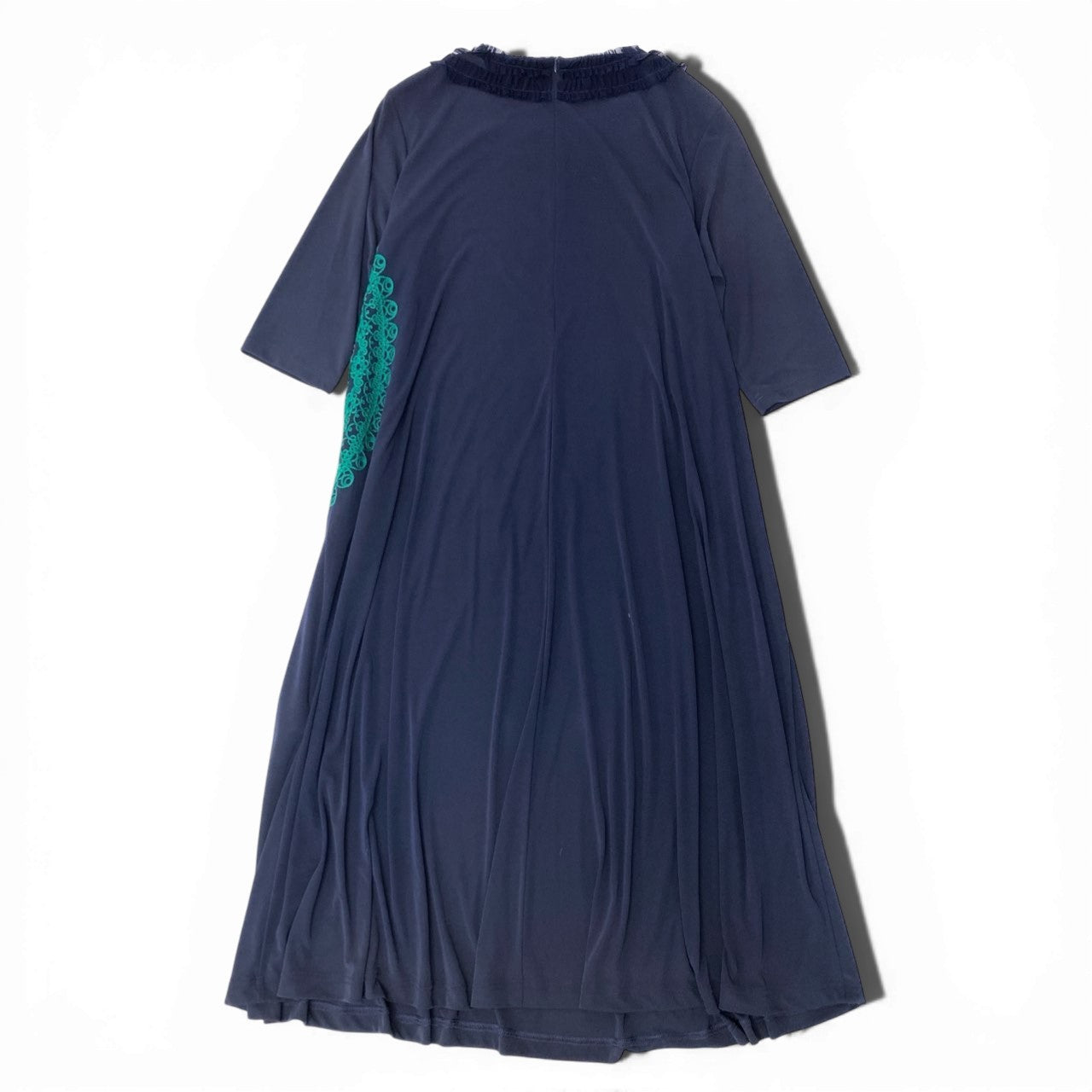 75b27 TOKUKO 1er VOL トクコプルミエヴォル 七分袖 ロングワンピース フリルネック 刺繡デザイン 伸縮ストレッチ レディース 女性服 サイズ9 パープル系u02t