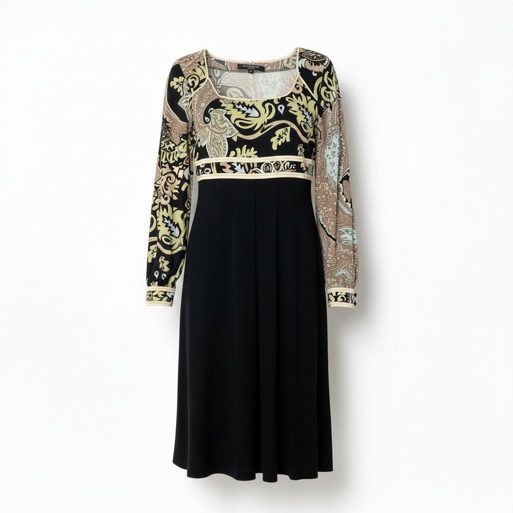 22d11 LEONARD FASHION レオナール ロングワンピース カンカン素材 ロングスリーブ ペイズリー柄 Mサイズ ブラック レディース 女性用o07t