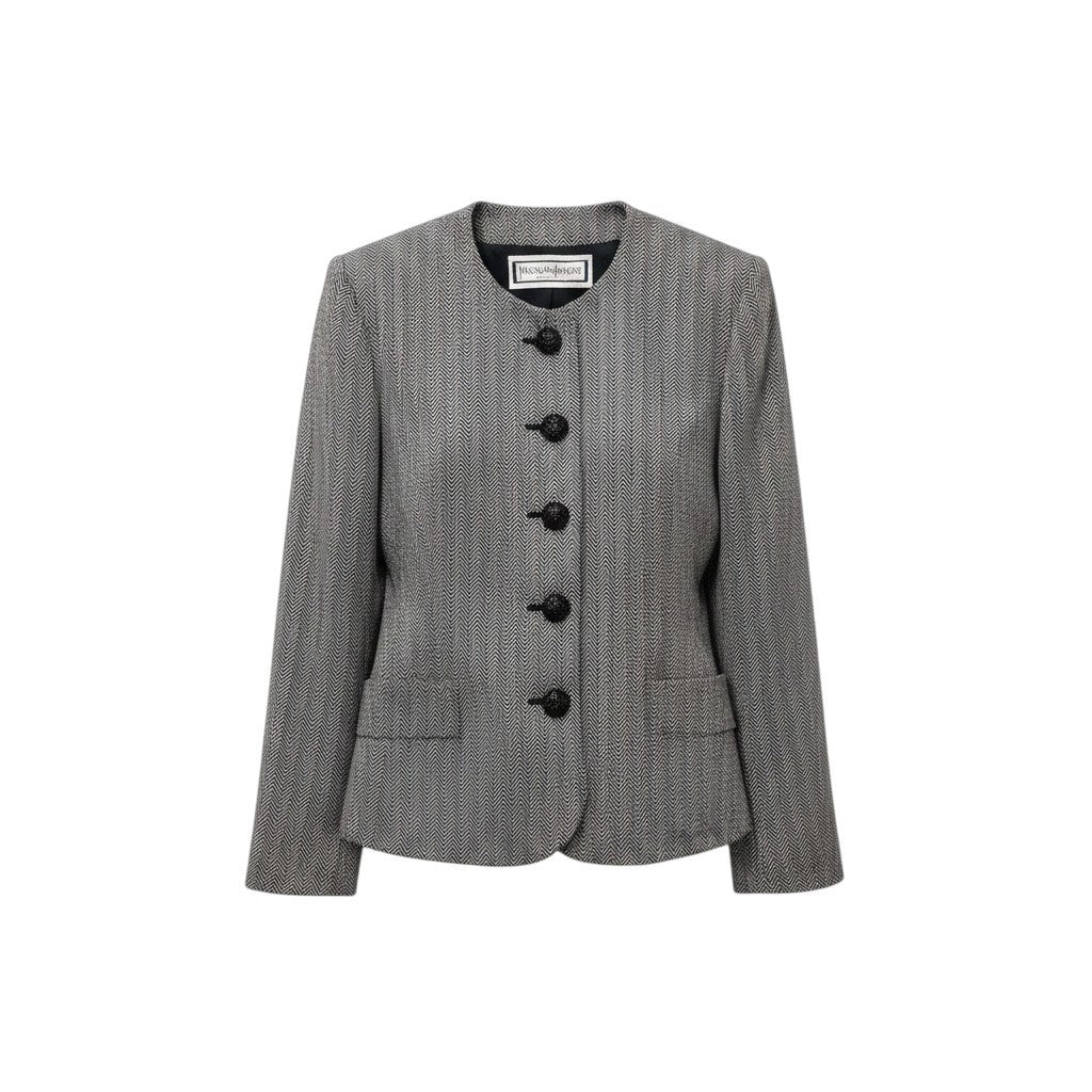 31g2 YVES SAINT LAURENT イヴサンローラン ノーカラージャケット ヘリンボーン柄  サイズM ブラック ホワイト ウール100％ レディース 女性用u02t