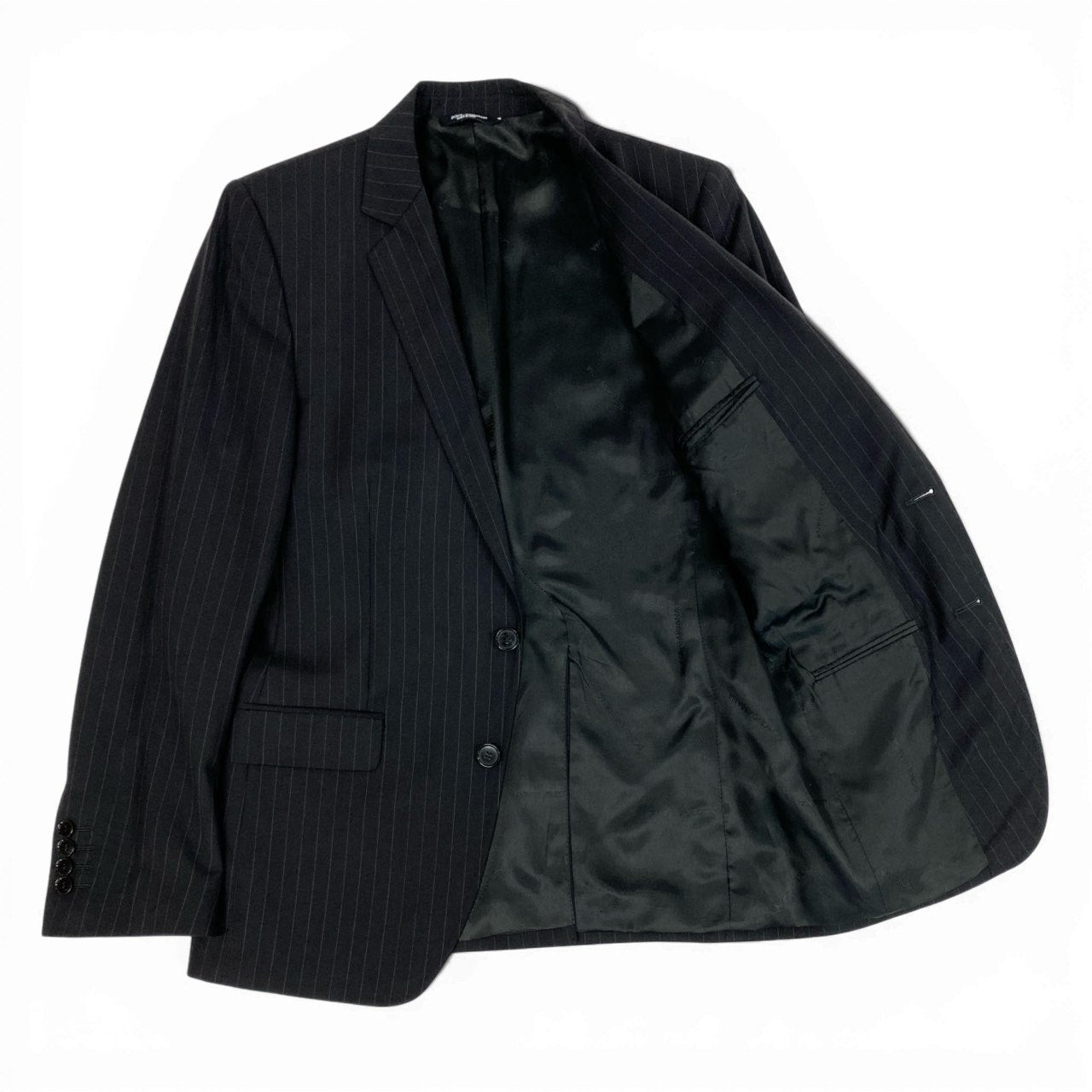 42b27 DOLCE＆GABBANA ドルチェ＆ガッバーナ シングルスーツ セットアップ ビジネス 46 ブラック ストライプ ウール メンズu02t