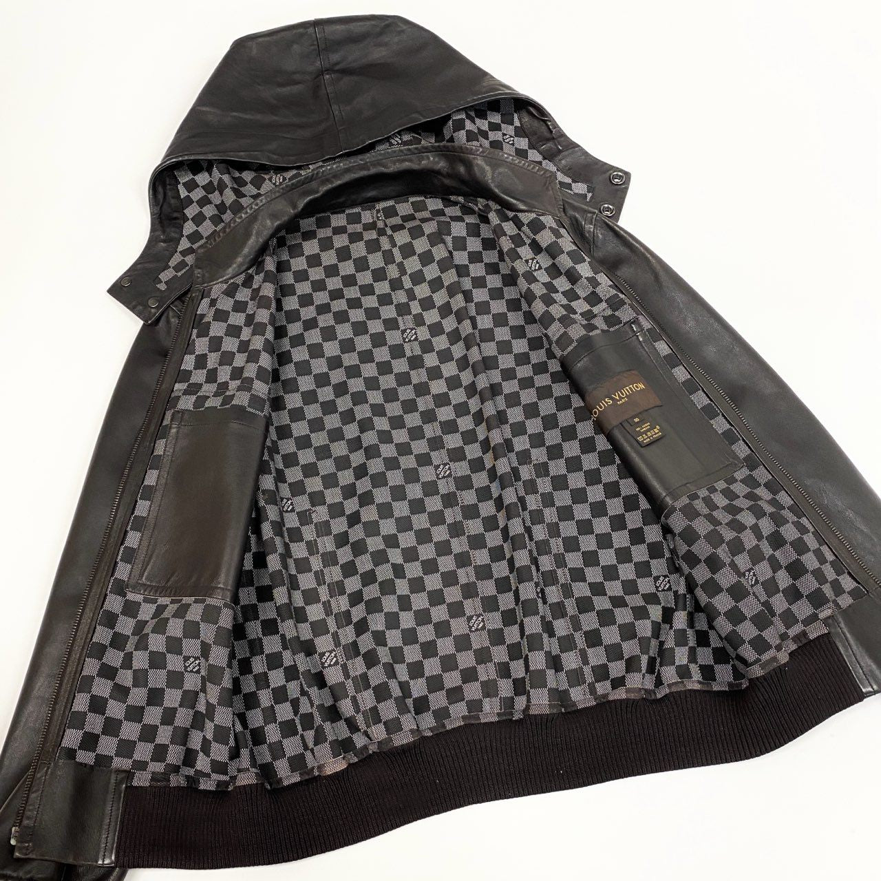 38b9 《美品》 LOUIS VUITTON ルイヴィトン レザージャケット ライダース 裏地ダミエ フード取外し可 50 ブラウン ラムレザー メンズk02i