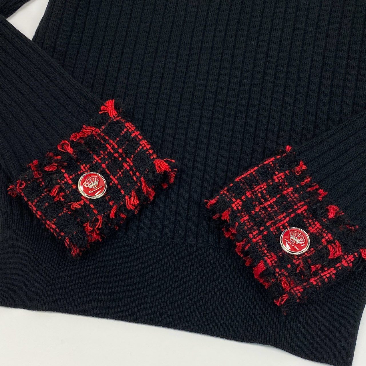 Ab19 【美品】 DOLCE&GABBANA ドルチェアンドガッパーナ ツイード リブニットカットソー ポロニット ロングスリーブ クラウンボタン イタリア製 ウール混 Tweed Detail Ribbed Knit Top サイズ38 ブラック レッドt18r