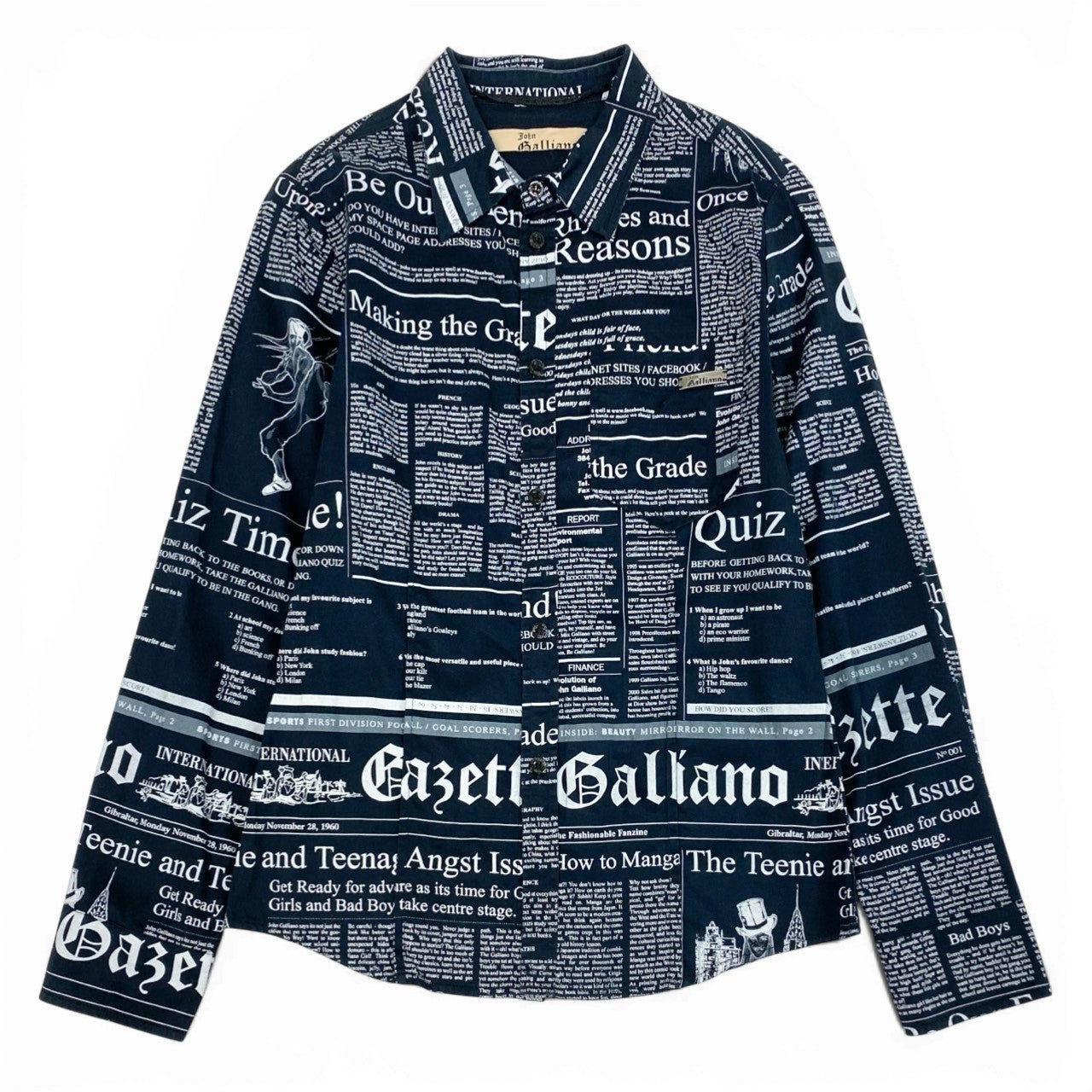 Ab10【美品】John Galliano ジョンガリアーノ ヴィンテージ ロングスリーブボタンダウンシャツ  ニュースペーパー柄 12サイズ ブラック ホワイト メンズ 男性用k02i