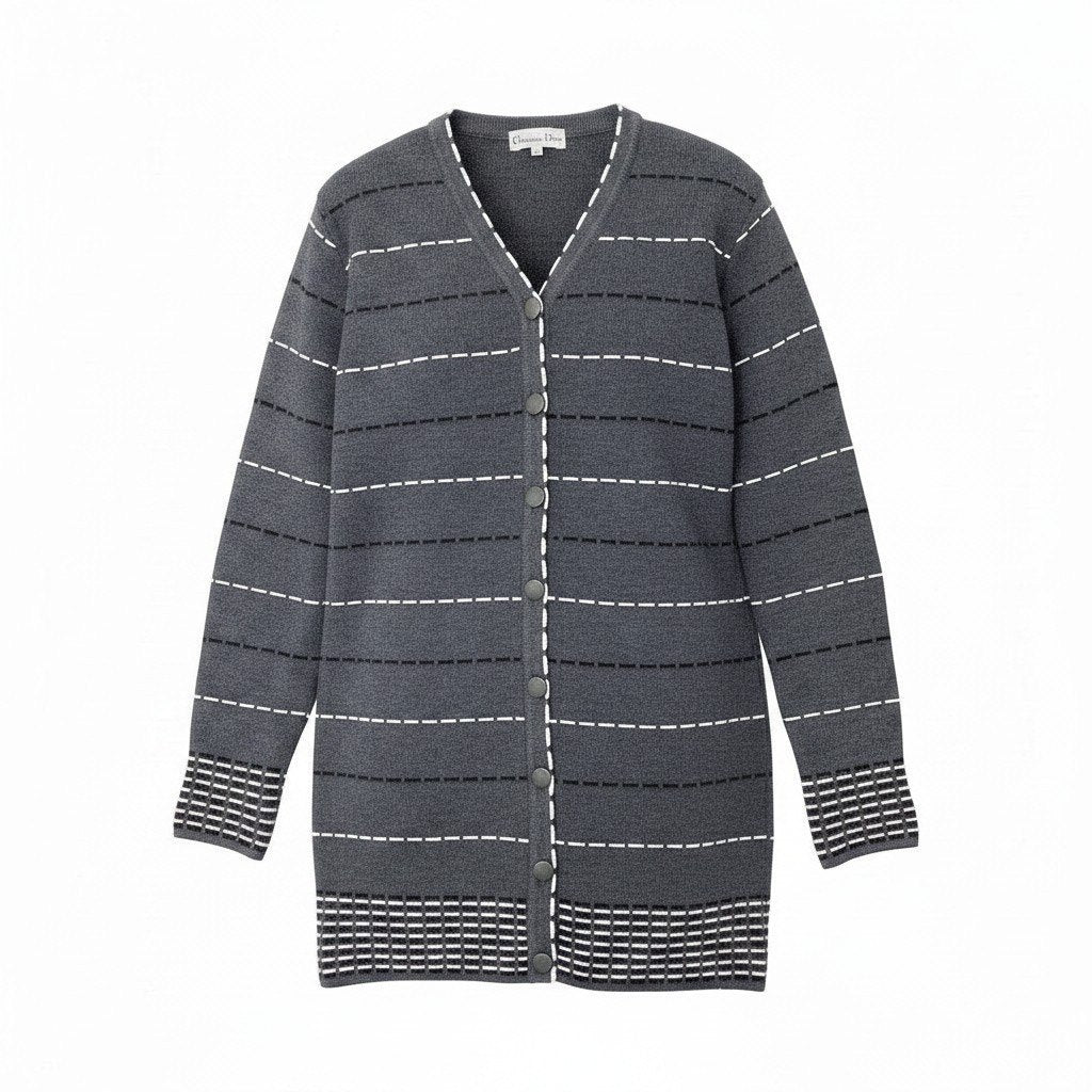 84e29 Christian Dior クリスチャンディオール ロング ニットカーディガン  ボーダー KW30N4027 サイズM グレー ウール×レーヨン レディース 女性服o07t