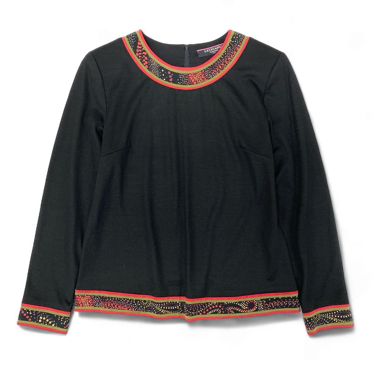 79k21 LEONARD FASHION レオナール 長袖Tシャツ クルーネック カットソー 切替プリント ウールシルク レディース 女性用 Ｍ ブラックu02t