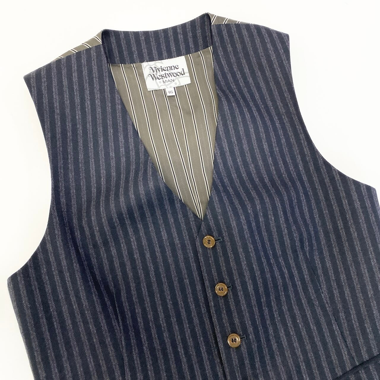 20d30 VivienneWestWood MAN ヴィヴィアンウエストウッドマン 異素材切替 ジレベスト ストライプ柄 サイズ46 ネイビー グレー メンズ 紳士服u02t