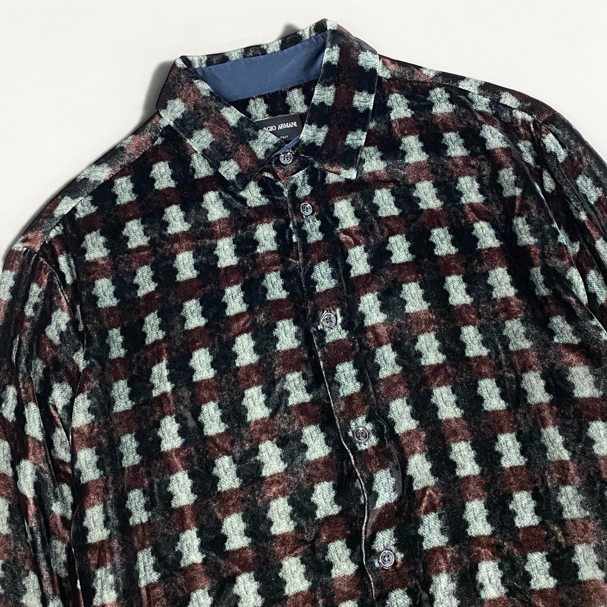 43i15 《美品》 GIORGIO ARMANI ジョルジオアルマーニ 長袖シャツベロア ドレスシャツ イタリア製 総柄シャツ チェック柄 16 ブラック メンズ 男性用u02t