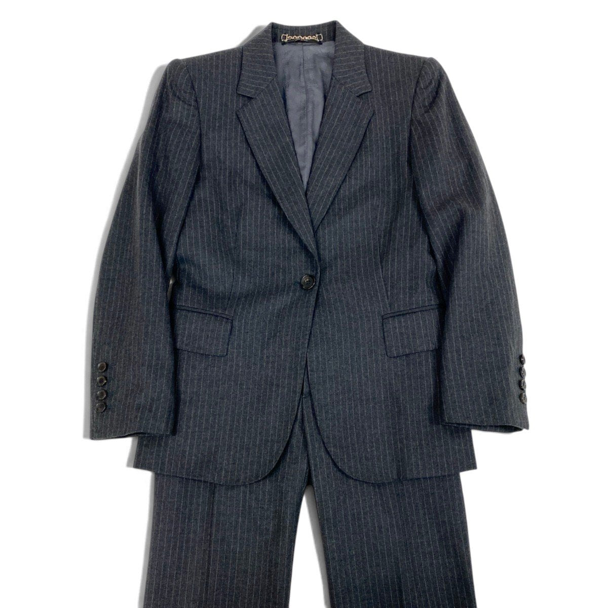 80j6 【美品】GUCCI グッチ 2006年 スーツセットアップ GGロゴ テーラードジャケット スラックスパンツ ストライプ 38サイズ グレー レディース 女性用u02t
