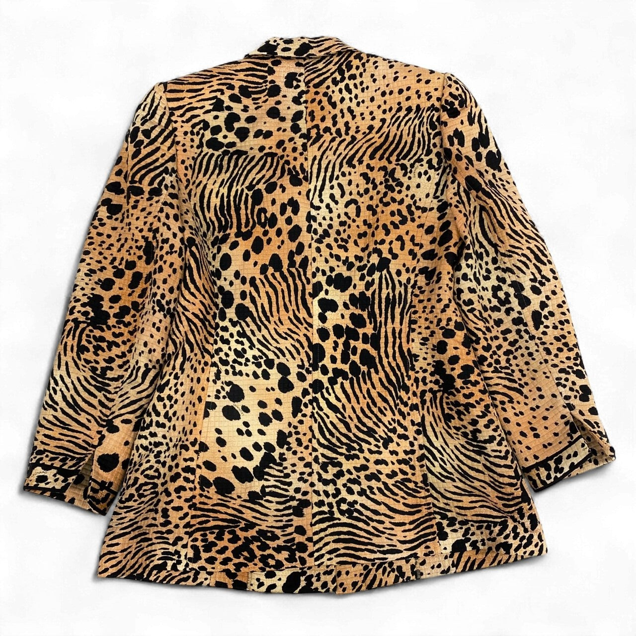 2k19《美品》 EONARD FASHION レオナール テーラードジャケット ロングジャケット アニマル柄 総柄 ウールシルク レディース 女性用 11AR ベージュ ブラックu02t