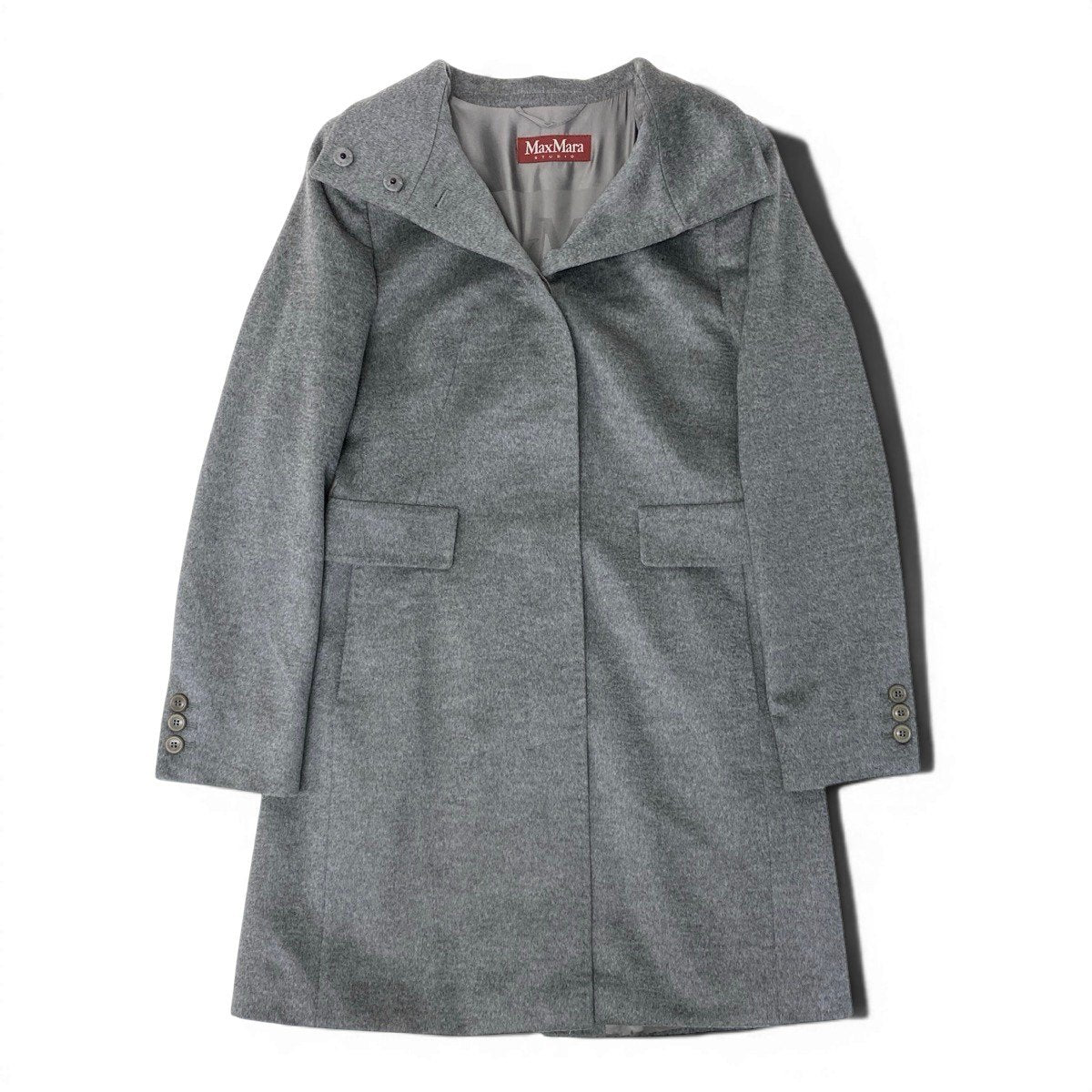 17g16【美品】 MaxMara STUDIO マックスマーラ ステュディオ スタンドカラーコート ロングコート 比翼ボタン サイズ42 グレー レディース 女性用u02t