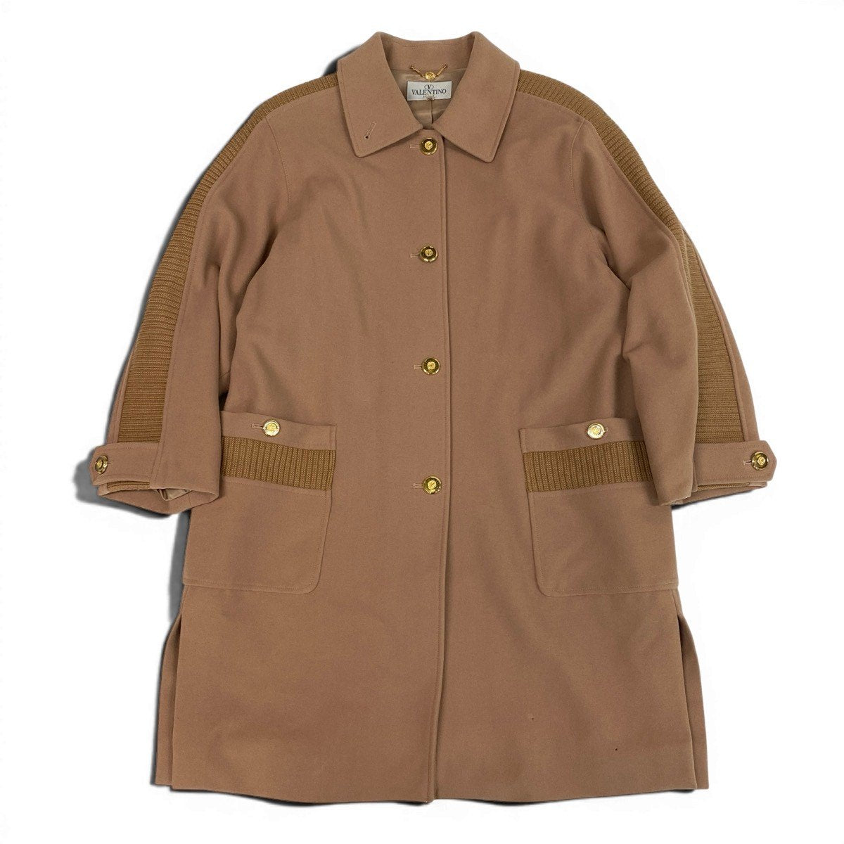 70g2 VALENTINO ヴァレンティノ ウールコート 金ボタン ロゴ ミドル丈  サイドリブデザイン アウター 40サイズ ベージュ ウール100％ レディース 女性用o07t