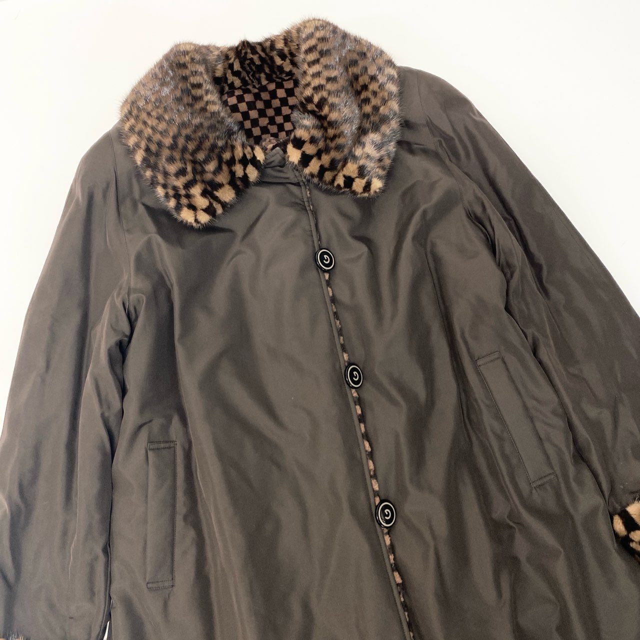 38c4 GRES グレ チェック柄 ミンクファー リバーシブル ロングコート サイズF 茶系 本毛皮 Mink Fur Reversible Long Coatt18r