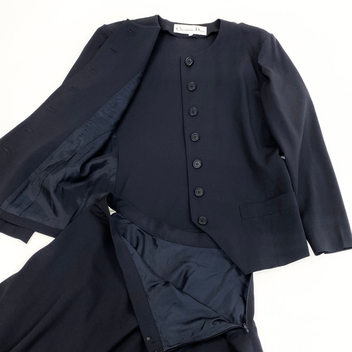 Eg11 Christian Dior クリスチャンディオール セットアップ スカートスーツ ノーカラージャケット フレアスカート サイズ13 ネイビー レディースo07t