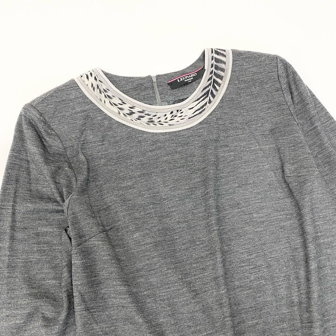 63d13 LEONARD FASHION レオナール スカートセットアップ ロングスリーブカットソー 膝丈スカート LL グレー ウール100％ レディース 女性用o07t