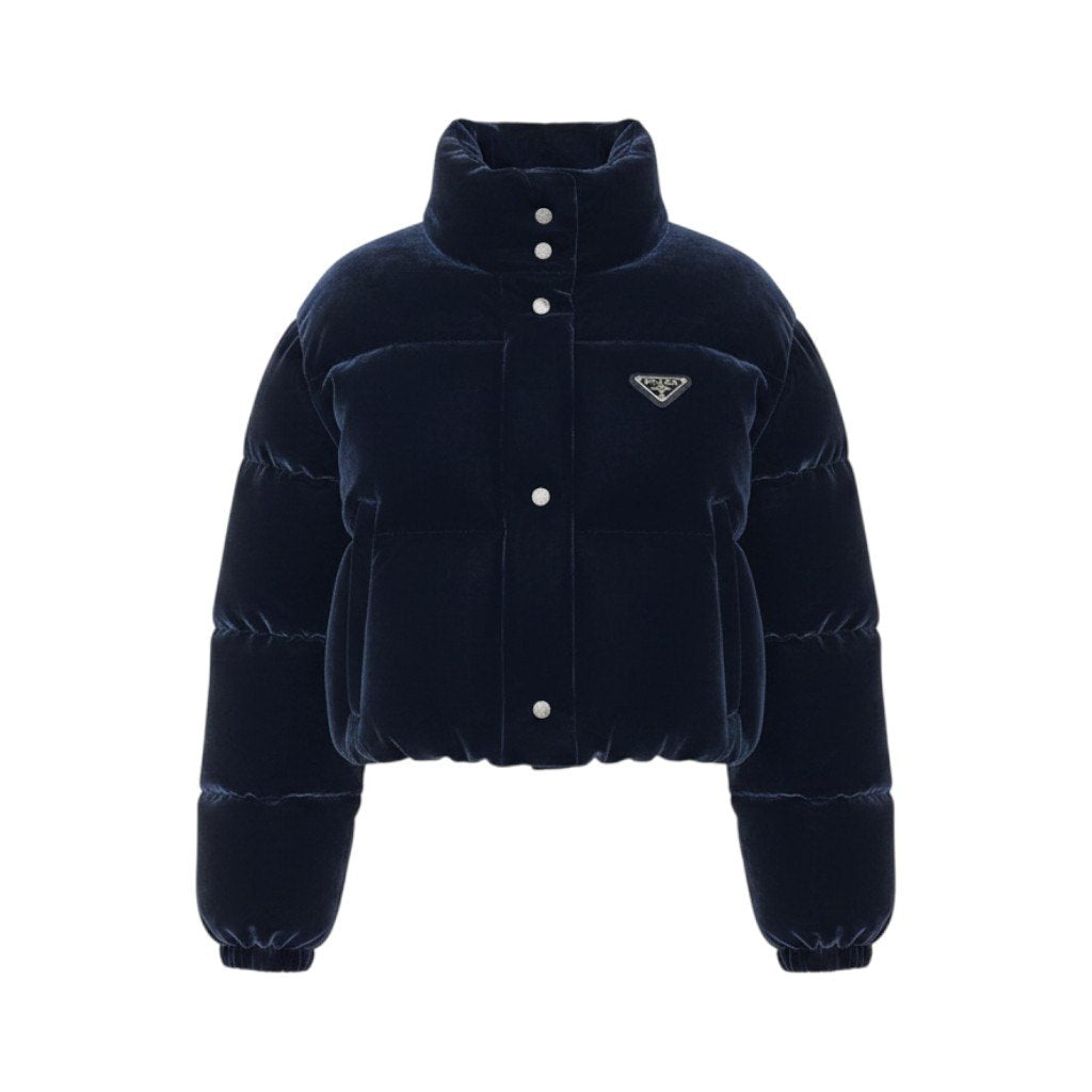 19g1 PRADA プラダ  25AW ベルベット ベロア クロップドダウンジャケット サイズ36 ネイビー系 レディース アウターk02i