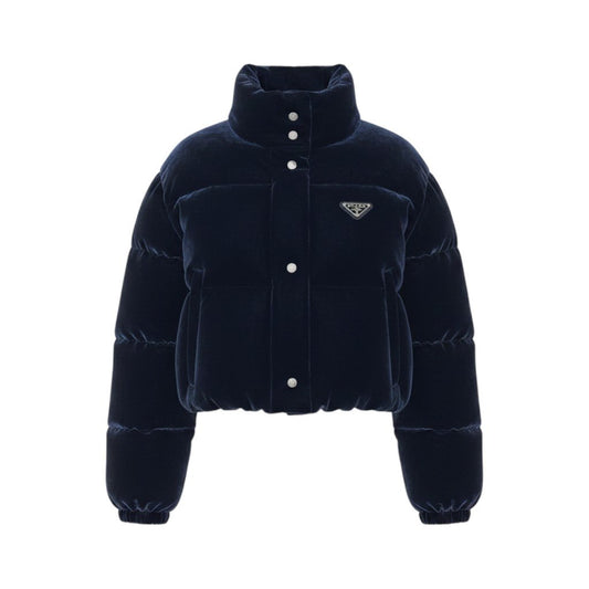 19g1 PRADA プラダ  25AW ベルベット ベロア クロップドダウンジャケット サイズ36 ネイビー系 レディース アウターk02i