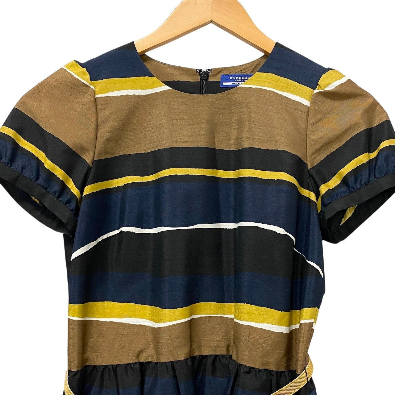 78e18 BURBERRY LONDON BLUE LABEL バーバリーロンドン ブルーレーベル パフスリーブ 膝丈ワンピース ボーダー柄 ウエストリボン  サイズ36 マルチカラー ポリエステル100％ レディース 女性用u02t