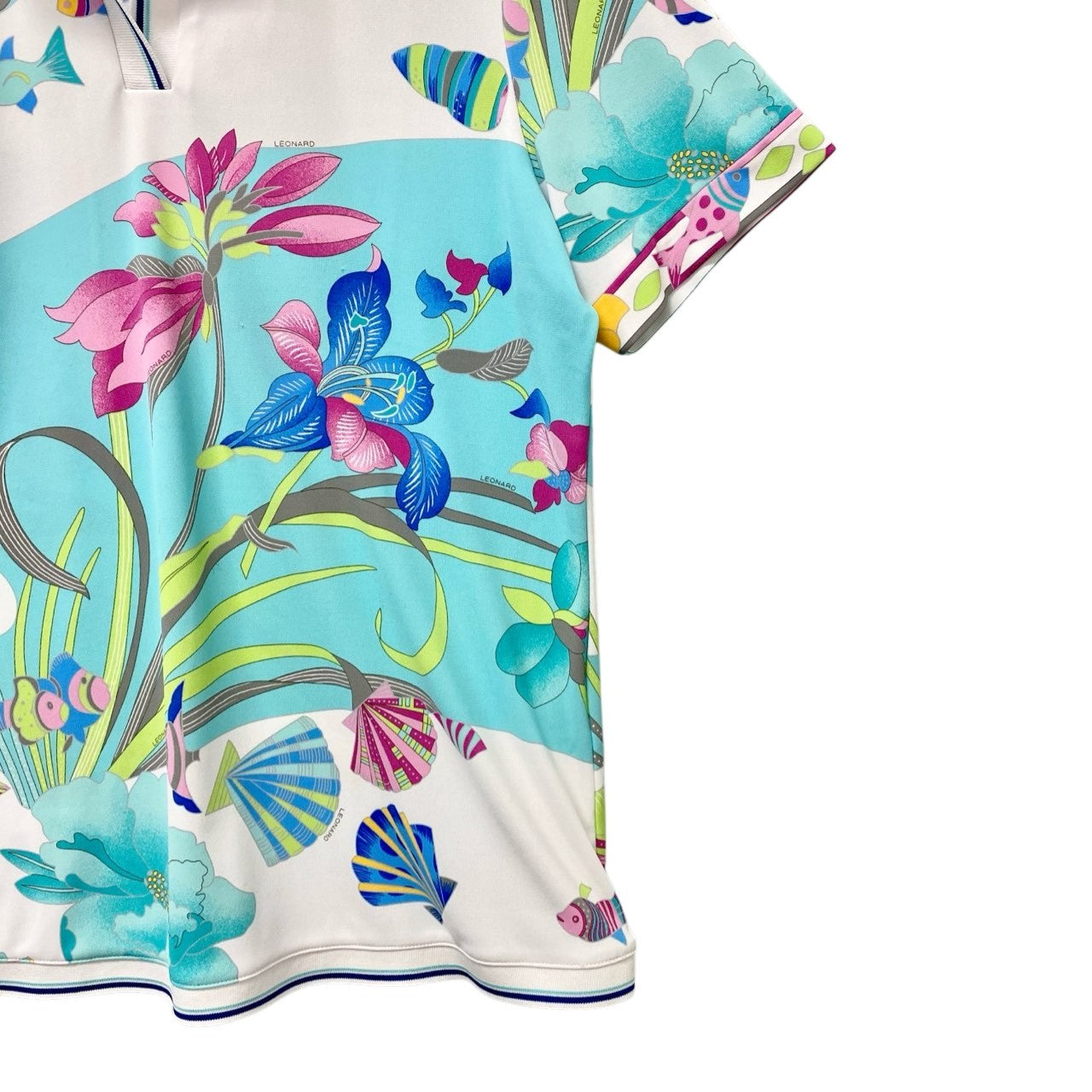 5c6 LEONARD レオナール 半袖ポロシャツ 美しいプリント 魚 花柄 0578703 44サイズ マルチカラー ポリエステル100％ レディース 女性用u02t