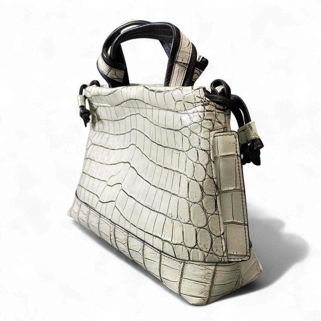 ak18 JRA認定 クロコダイル 2way ハンドバッグ ショルダーバッグ 目地染め ホワイト レザーk02i
