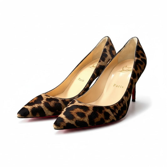 e13 Christian Louboutin クリスチャンルブタン レオパード柄 ハイヒール ポインテッドトゥヒール ハラコ サイズ37 ベージュ系 レディース 女性靴u02t